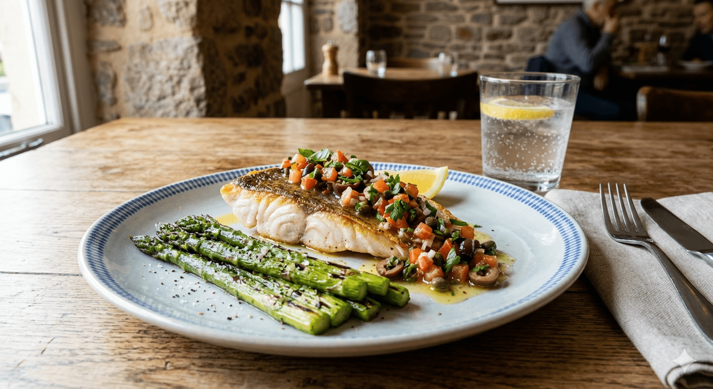 John Dory Fillet with Sauce Vierge and Grilled Asparagus