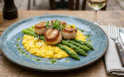 Pan-Seared U10 Scallops with Saffron-Infused Risotto and Blanched Asparagus