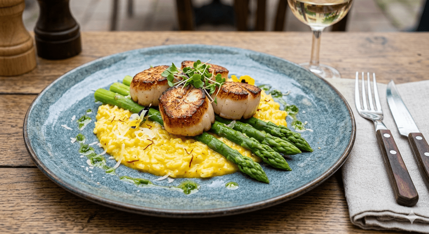 Pan-Seared U10 Scallops with Saffron-Infused Risotto and Blanched Asparagus