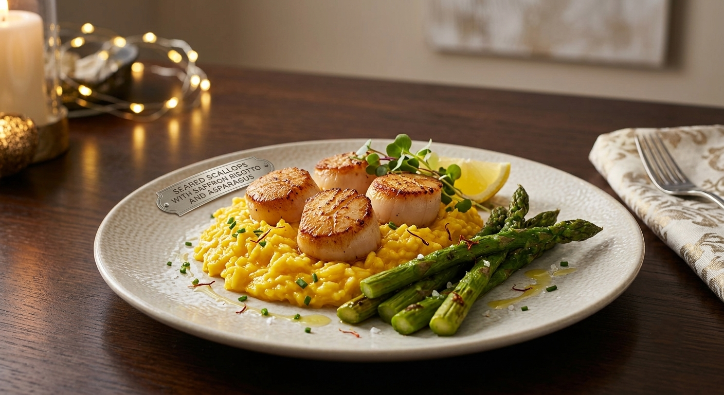Seared Scallops with Saffron Risotto and Asparagus (Restaurant-Style) Gourmet pan-seared sea scallops served over a bright yellow saffron risotto with green asparagus