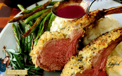Herb-Crusted Rack of Lamb with Red Wine Reduction and Pea Purée