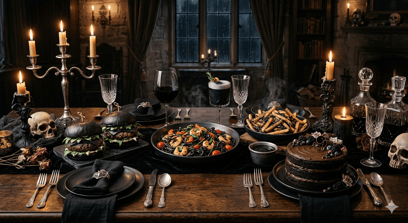 Dark and elegant gothic banquet table setting with candles and black dinnerware