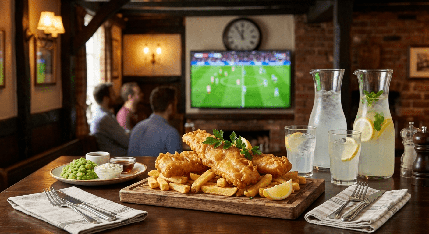 Authentic Pub-Style Fish and Chips (Quick Halftime Meal) Traditional pub-style battered fish and chips served in a cozy bar setting with a soccer game on the screen