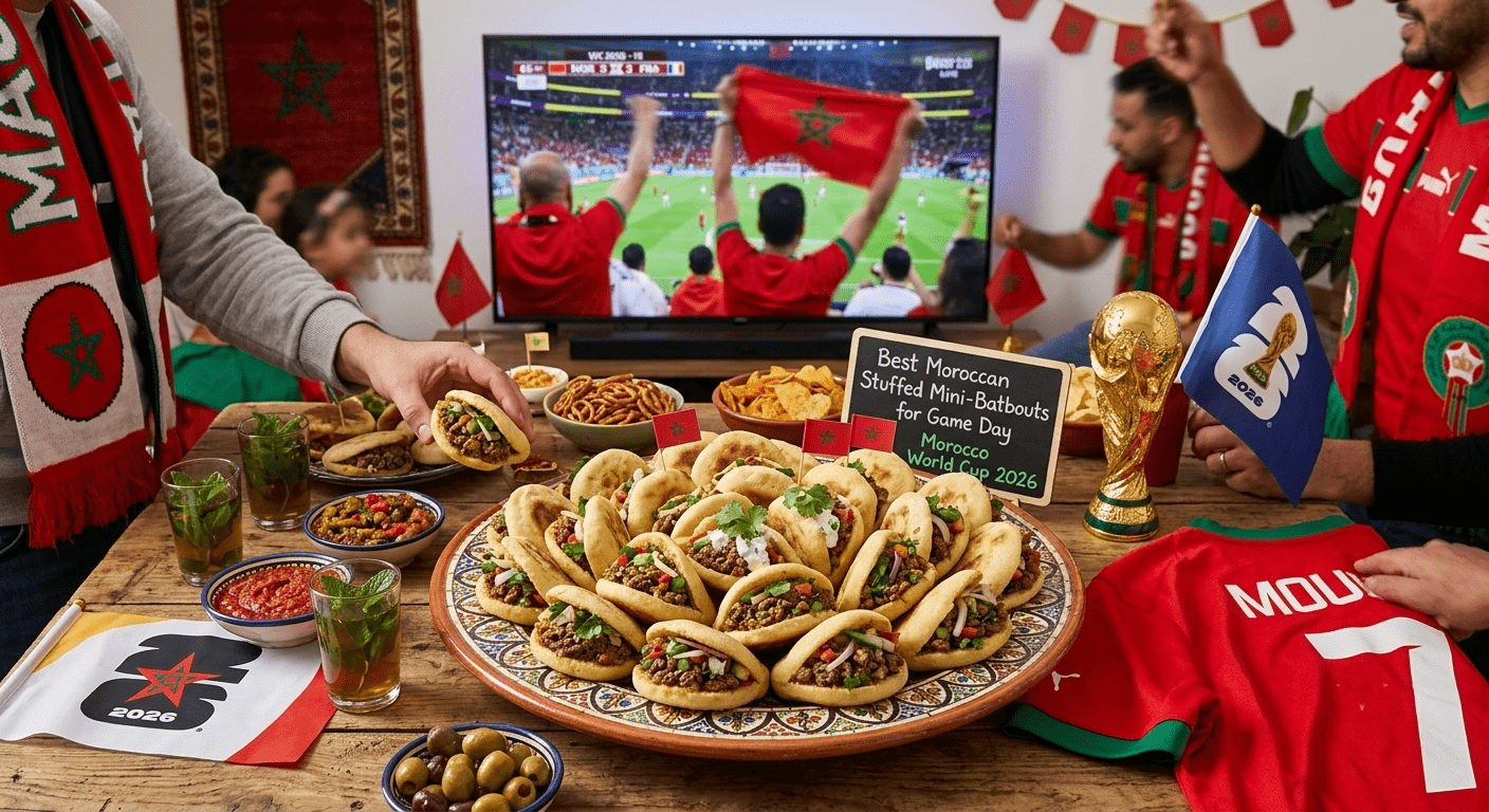 Best Moroccan Stuffed Mini-Batbouts for Game Day Game day atmosphere with sports fans in front of the television and a platter of stuffed Moroccan Mini-Batbouts
