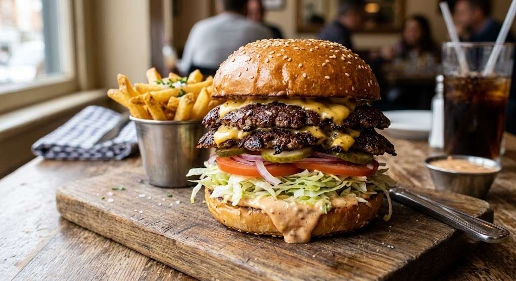 Best Smash Burger Gourmet double smash burger with melted cheddar cheese, lettuce, and a side of french fries