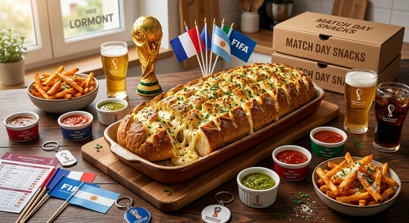 A massive XXL cheesy pull-apart garlic bread loaf garnished with herbs next to world flags for a football match party