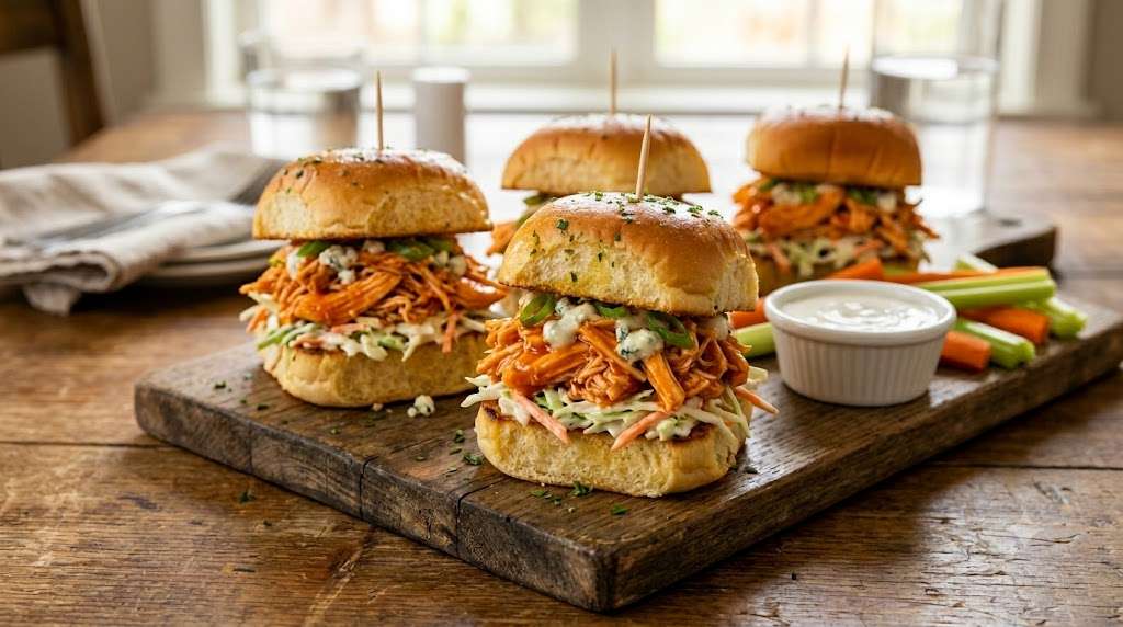 Mini buffalo chicken sliders filled with shredded spicy chicken and secured with toothpicks