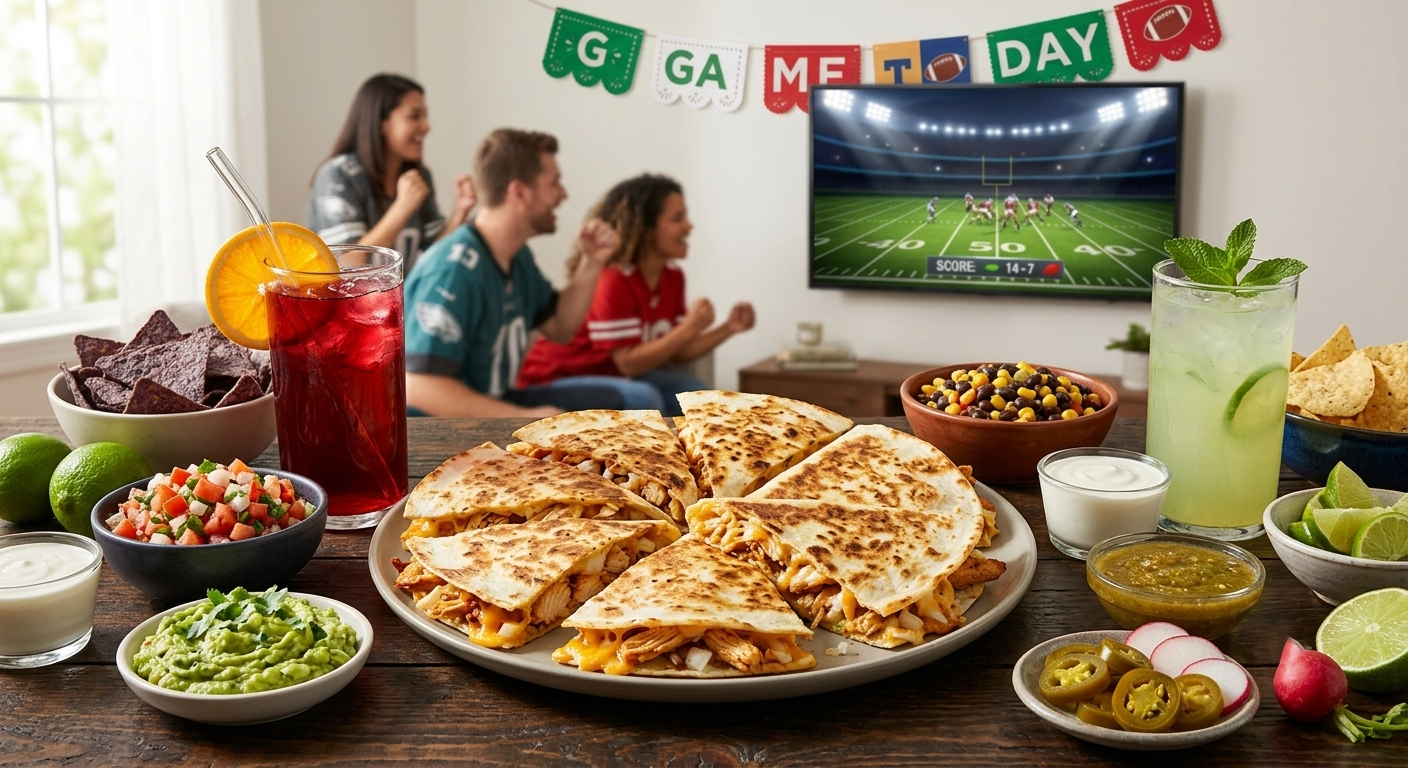 A family watching a football game on TV with a plate of golden chicken and cheese quesadillas on the table
