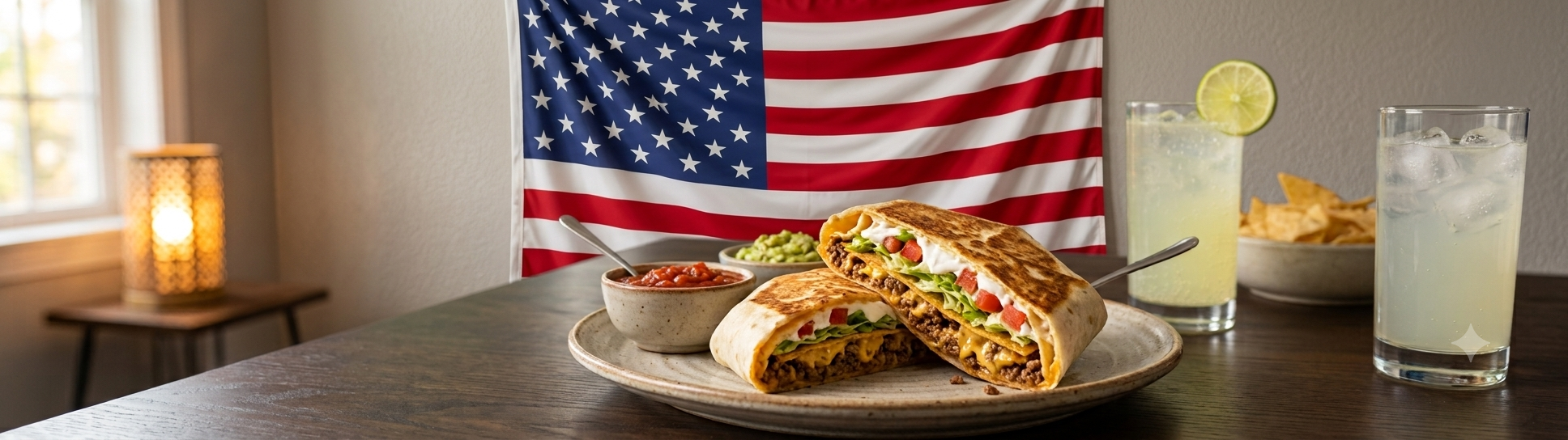 Classic Homemade Crunchwrap Supreme Best Game Day Snack Homemade crispy pan-seared flour tortilla Crunchwrap Supreme set against an American flag backdrop