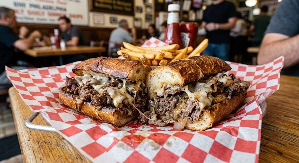 Warm Philadelphia cheesesteak sandwich packed with thinly sliced griddled beef and melted cheese