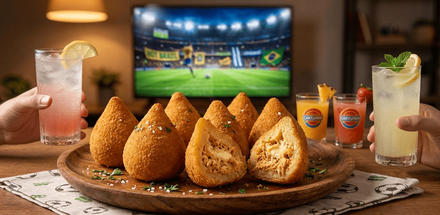 Crispy Brazilian Chicken Coxinhas (Perfect Match Snack) Crispy golden Brazilian chicken coxinhas snacks served on a table during a live football broadcast