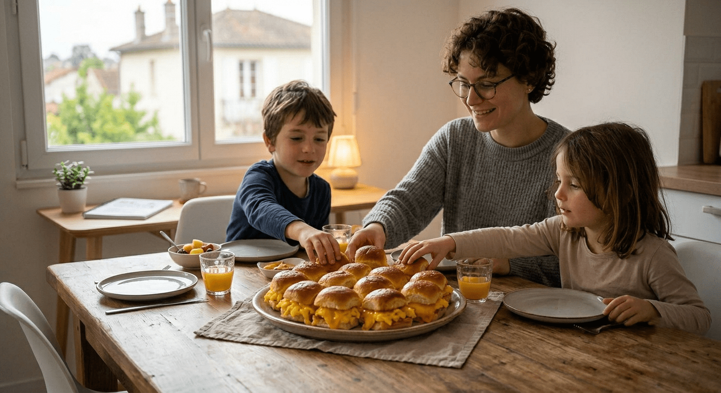 Egg and Cheese Breakfast Sliders A mother and young child cooking together, assembling egg and cheese breakfast sliders