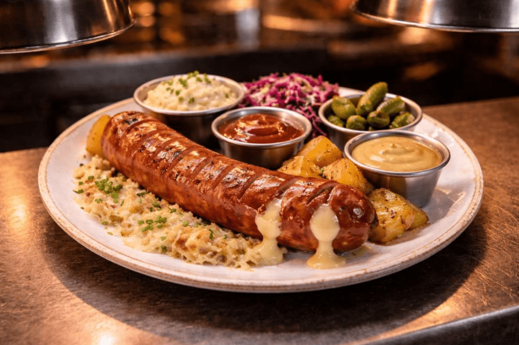 Traditional German Currywurst fast food platter with crispy french fries and sauces for a match viewing