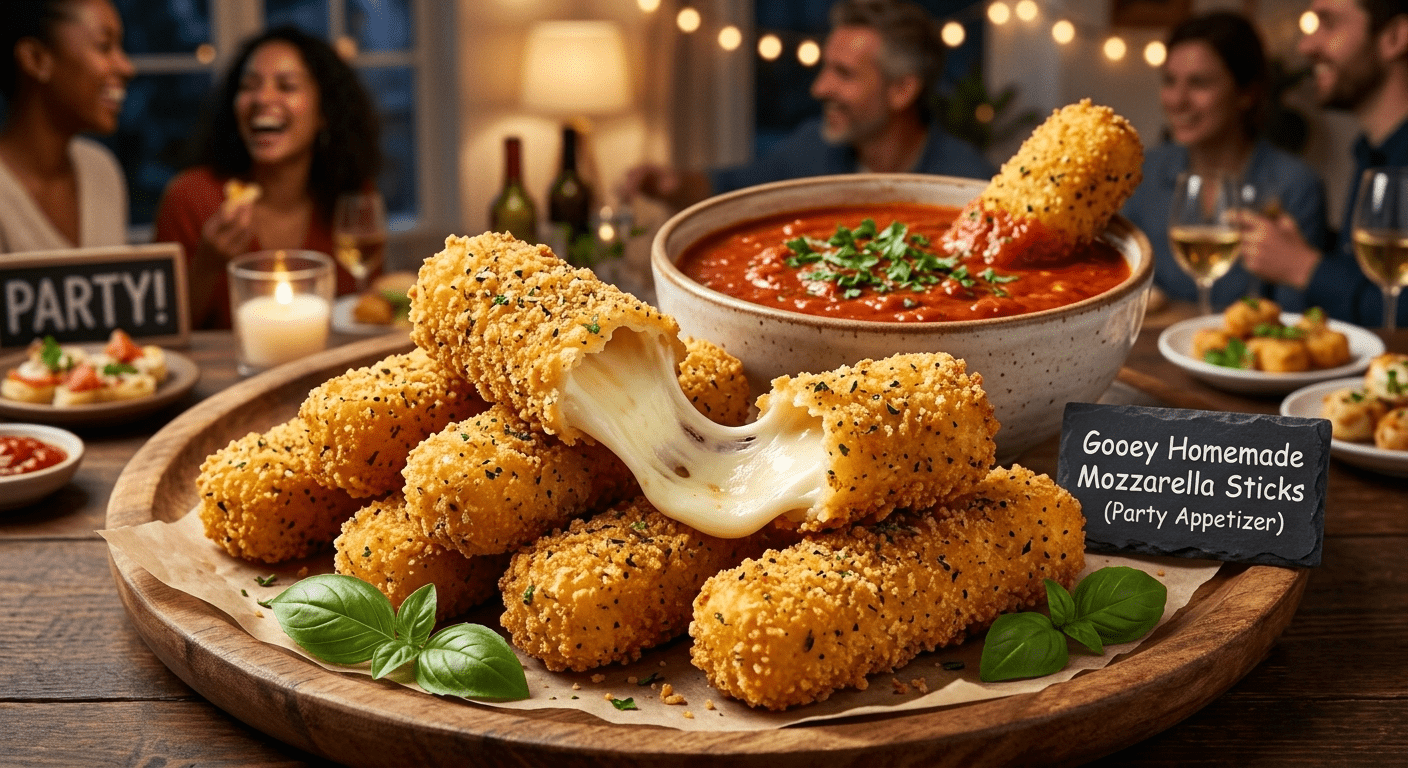 Gooey Homemade Mozzarella Sticks (Party Appetizer) Golden brown homemade breaded mozzarella sticks with a gooey, melted cheese pull