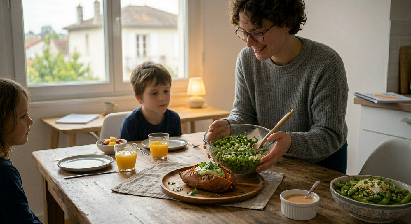 Healthy Substitutions That Actually Work in Cooking A mother and son smiling together at the dining table while preparing a healthy green salad substitution meal