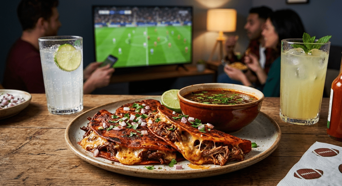 Juicy pan-fried cheesy birria beef tacos served with a bowl of rich dipping consommé during a football watch party