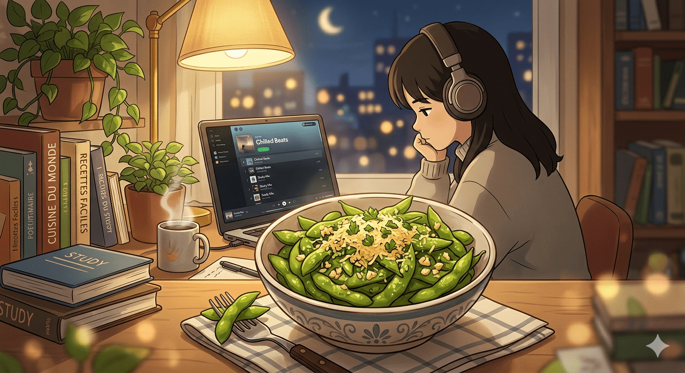 Lofi Girl Study Snacks Anime style illustration of a girl studying at night on a laptop with snacks
