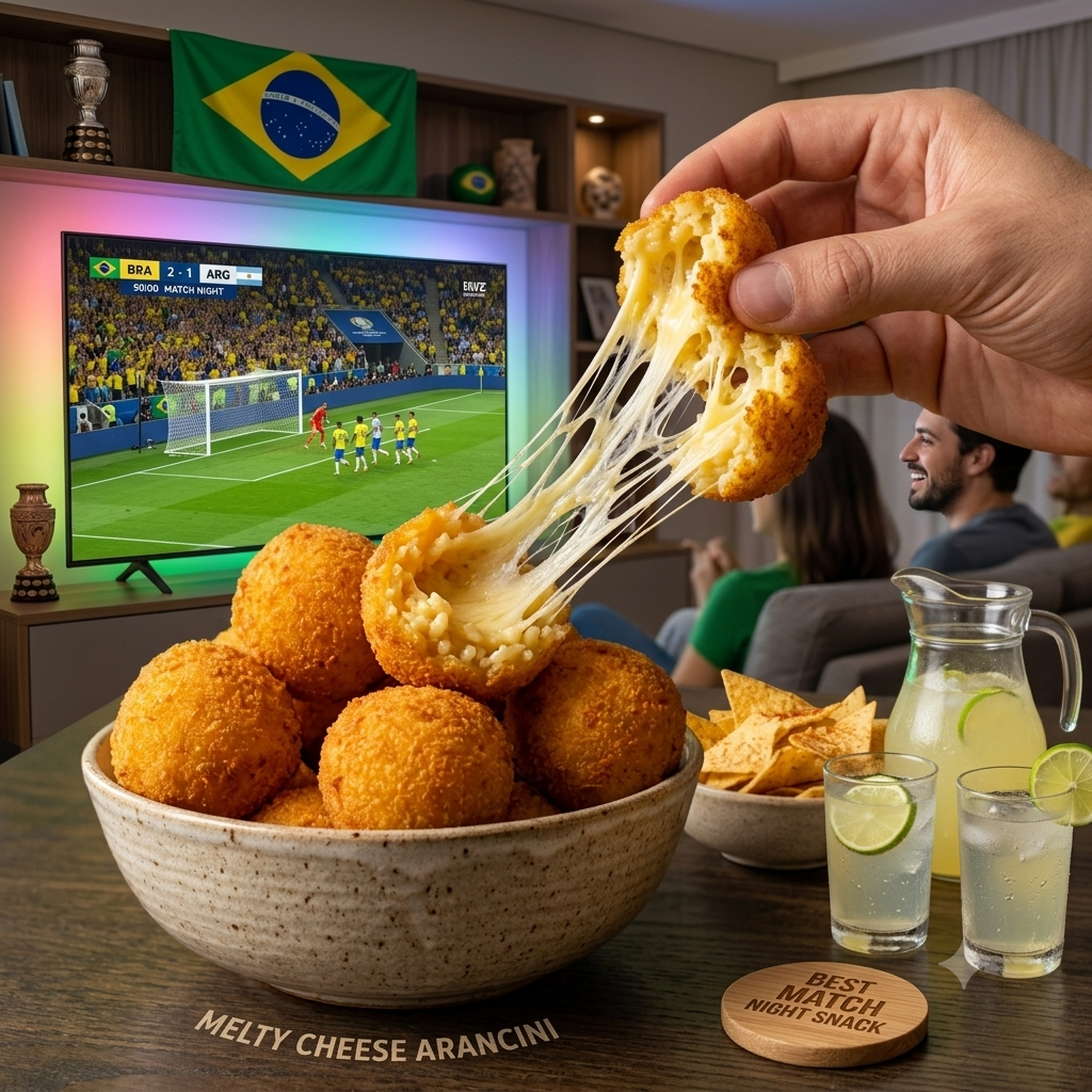 Authentic Pão de Queijo Easy Brazilian Cheese Bread Close-up of a cheesy Brazilian pão de queijo with a perfect cheese pull in front of a live football match on TV