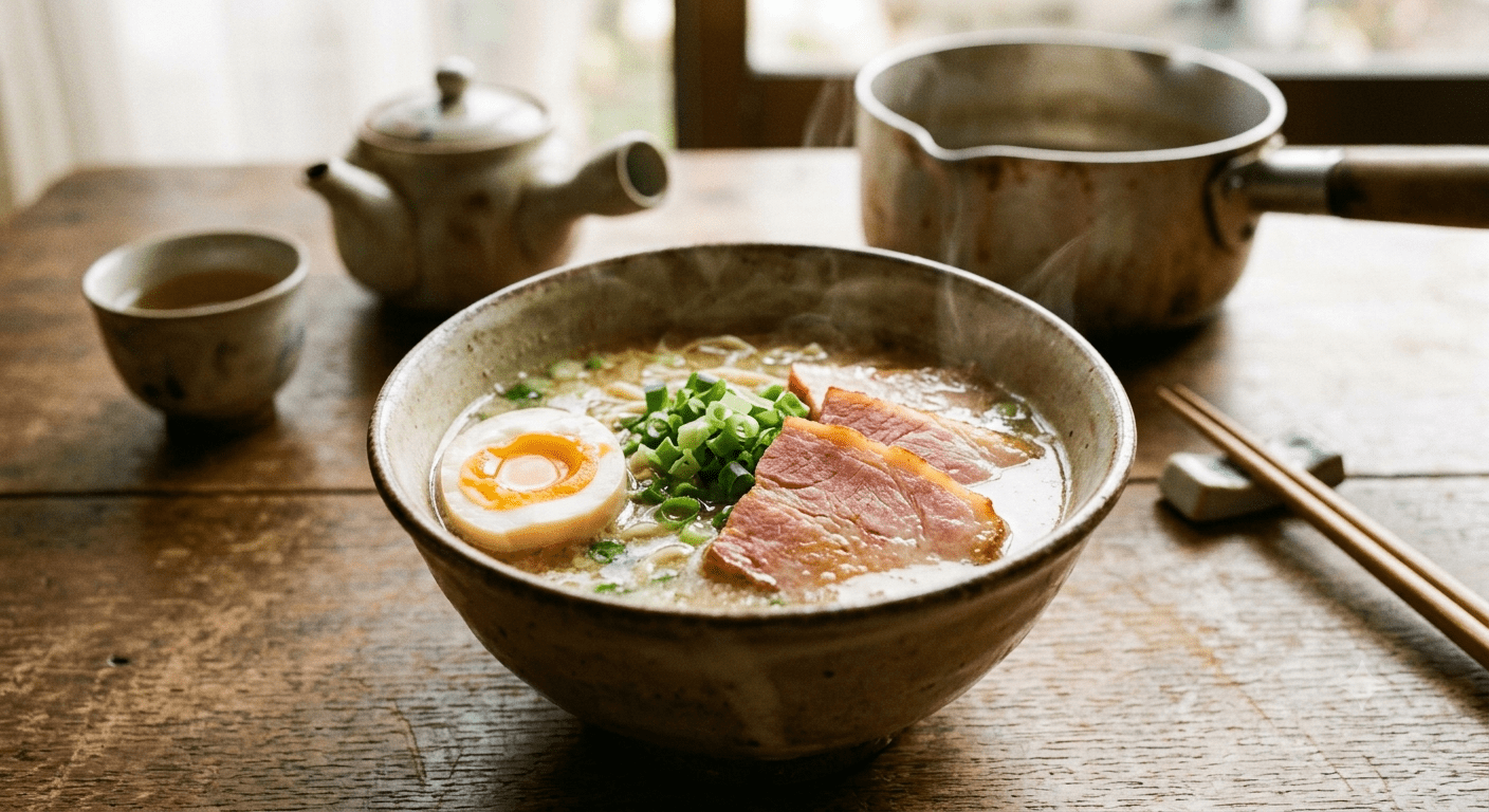 Warm bowl of Japanese ramen soup with a soft-boiled egg and green onions inspired by Studio Ghibli style