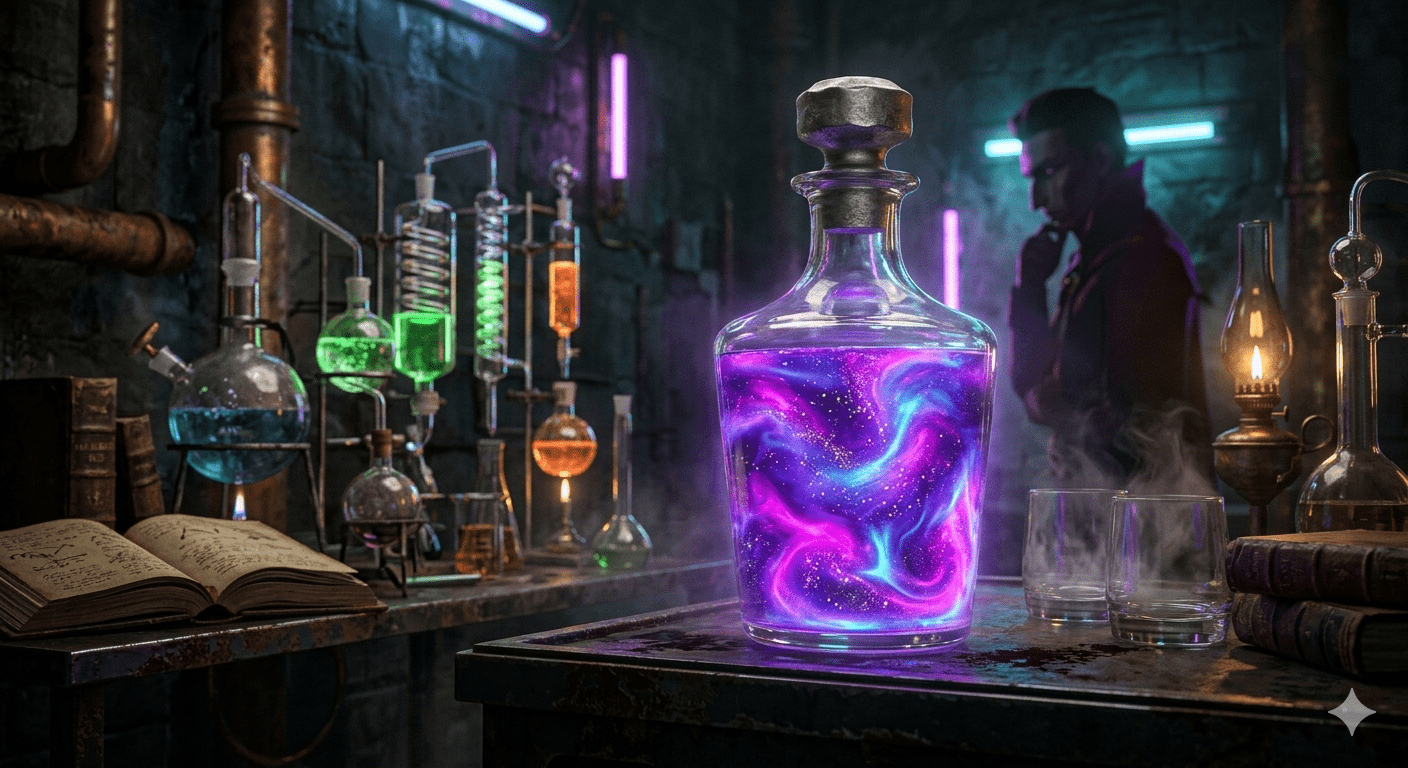 The Zaun Underground How to Recreate the Neon Glow Shimmer Cocktail Mocktail Version Glowing purple magic potion vial inside a dark fantasy laboratory