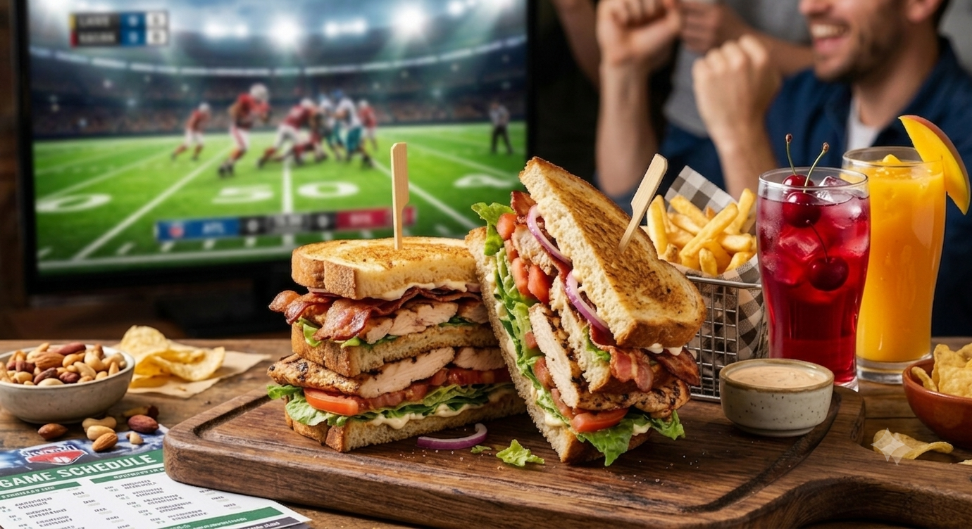 A toasted double-decker chicken bacon club sandwich cut in half, served with french fries during a football match broadcast