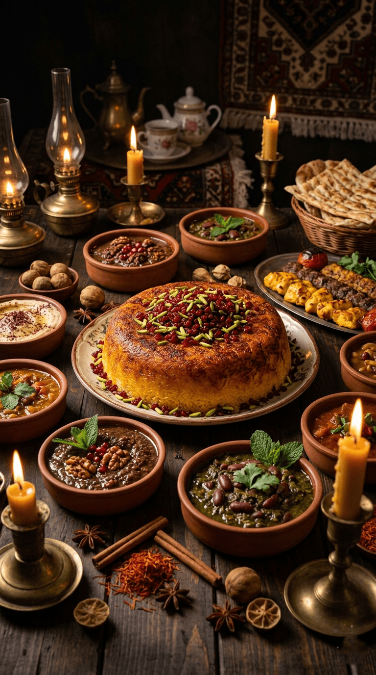 Assortment of traditional oriental spices and dishes on a rustic wooden table the Rich Mystery and Spices of Persian Comfort Food